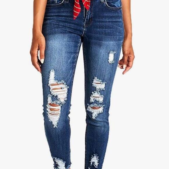 Denim - Amazon Brand High Rise Stretch Heavy Distress Skinny Jeans Medium Blue W…